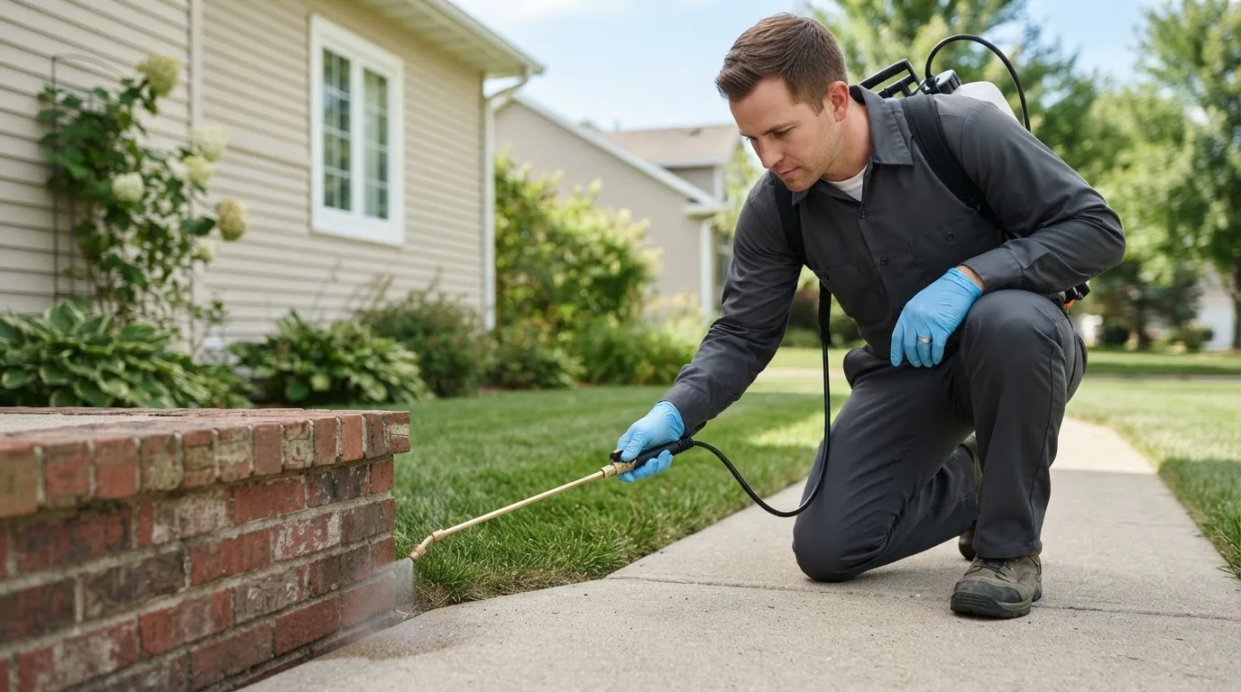 Pest control technician treating a home near Boone, IA